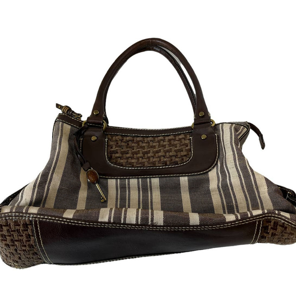 Fossil Large Canvas Brown Vegan Striped Tote Handbag Purse - Picture 7 of 7